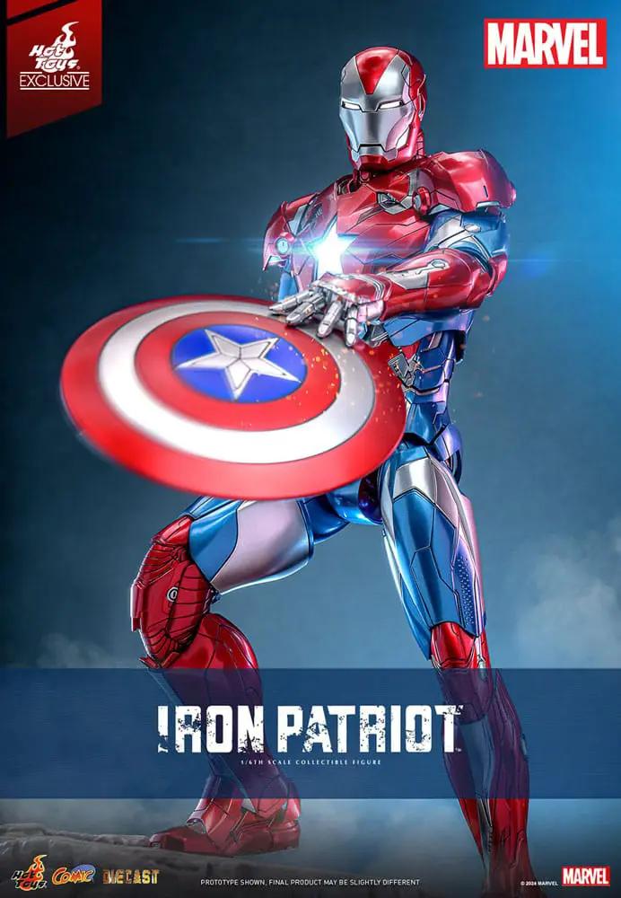 Figura de acción HOT TOYS Iron Patriot 1/6 diecast, exclusiva, con escudo circular rojo/azul y logo Marvel visible