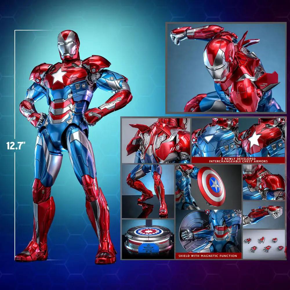HOT TOYS Iron Patriot 1/6 diecast action figure, red-blue-silver armor with interchangeable chests, 32 cm