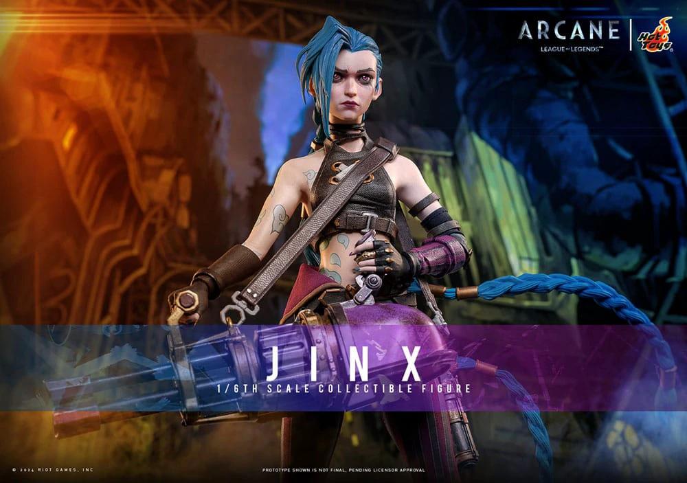 Jinx 1/6 scale action figure by HOT TOYS, Arcane, 27 cm tall, blue-haired leather outfit.