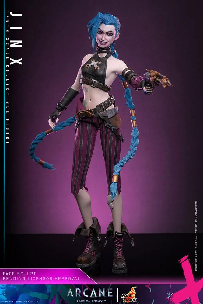 Hot Toys Arcane Jinx 1/6 figure, 27 cm, blue hair, striped pants, detailed cosplay style.
