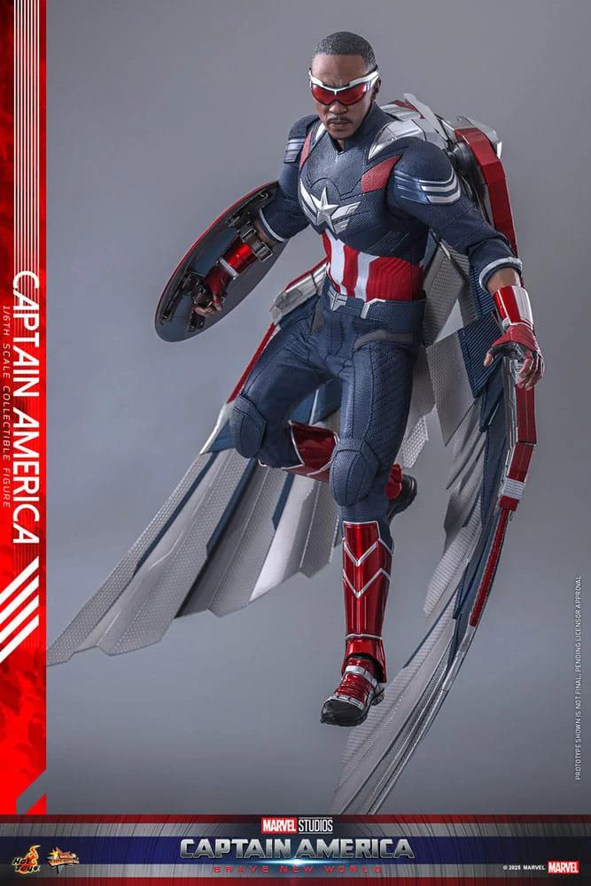 Captain America 1/6 scale action figure by Hot Toys with shield in red-blue suit.