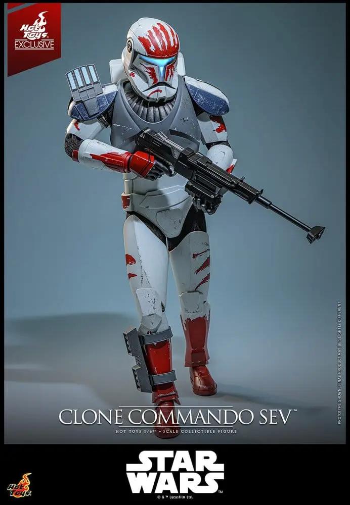 Hot Toys Clone Commando Sev 1/6 scale figure; white and blue armor with red markings, holding a blaster rifle