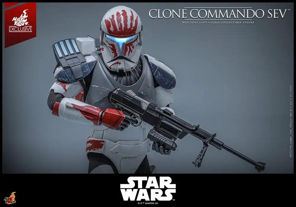 Figura HOT TOYS Clone Commando Sev 1/6 de Star Wars, armadura blanca con manchas rojas y rifle blaster