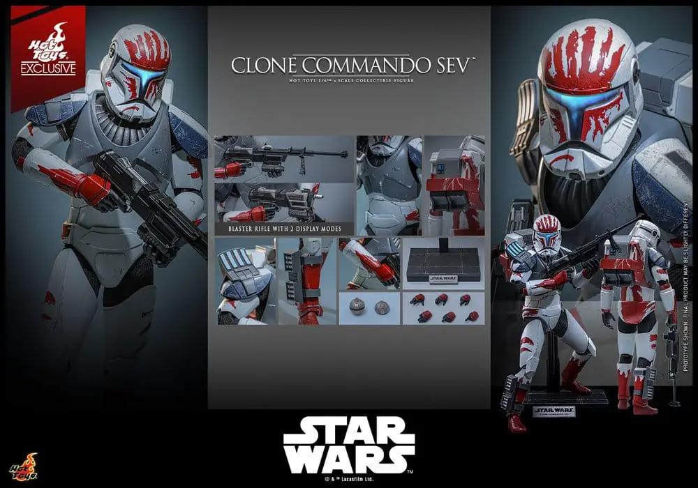 Clone Commando Sev action figures, two 1/6-scale by Hot Toys, Star Wars red-and-white armor, 30 cm tall.