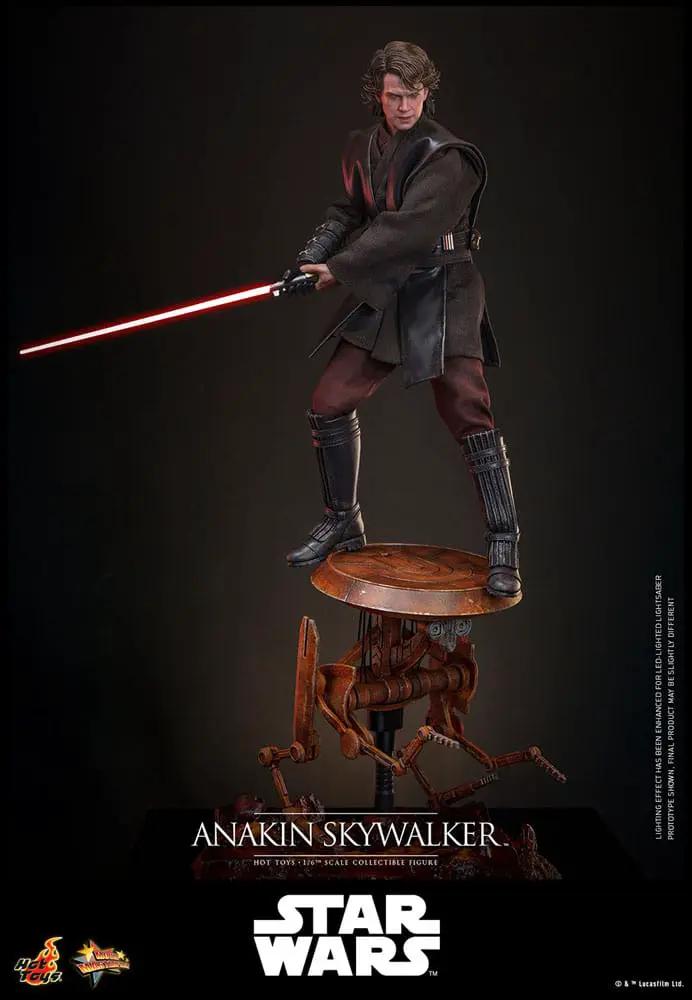 Anakin Skywalker 1/6 scale action figure by HOT TOYS with red lightsaber, on a display stand.