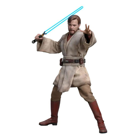 Figura HOT TOYS 1/6 Obi-Wan Kenobi (Mustafar) de Star Wars, con sable azul y túnica beige