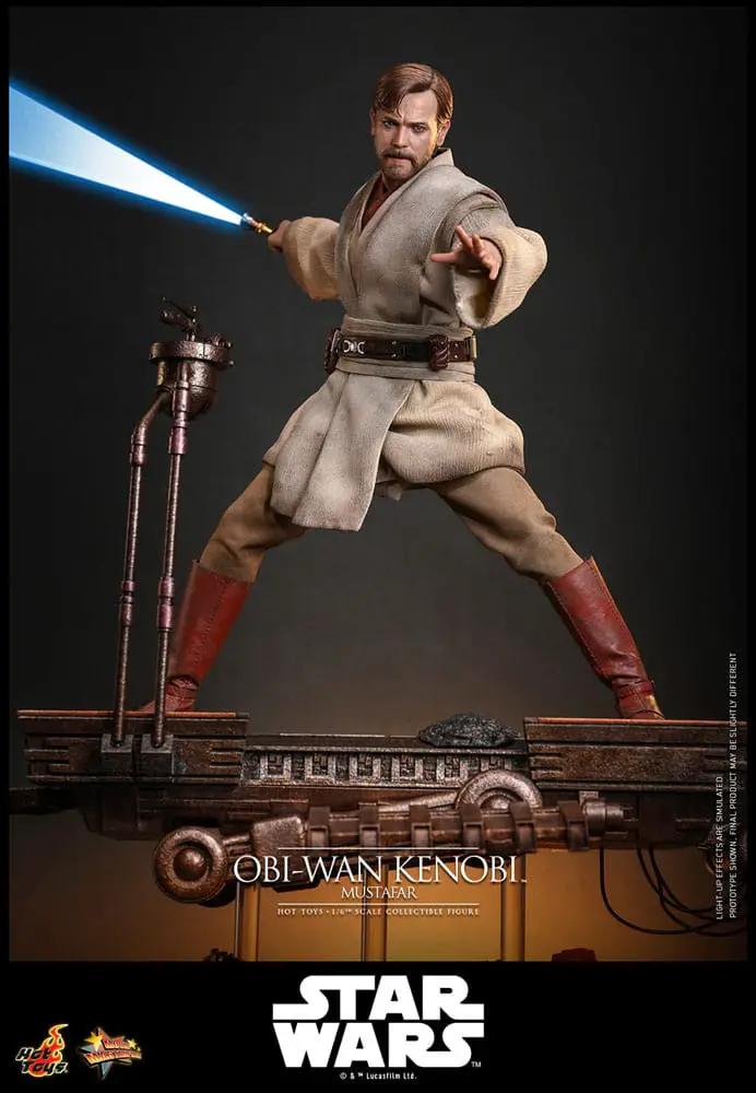 Obi-Wan Kenobi 1/6 scale action figure by HOT TOYS, Mustafar edition, blue lightsaber on display base.