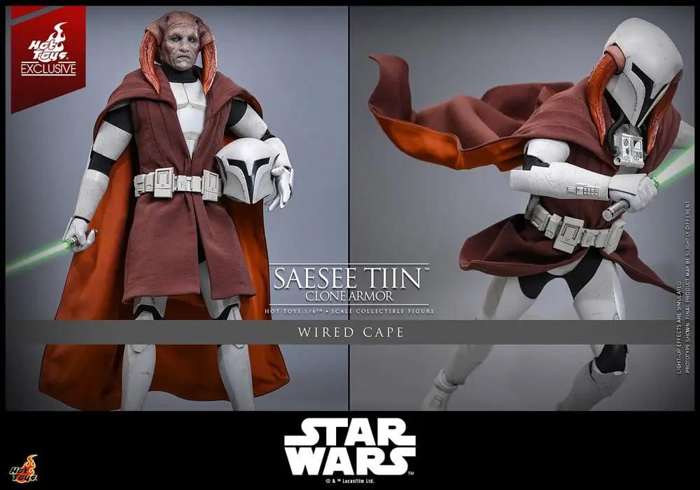 Saesee Tiin 1/6 Clone Armor action figure by HOT TOYS, maroon wired cape with green lightsaber, exclusive