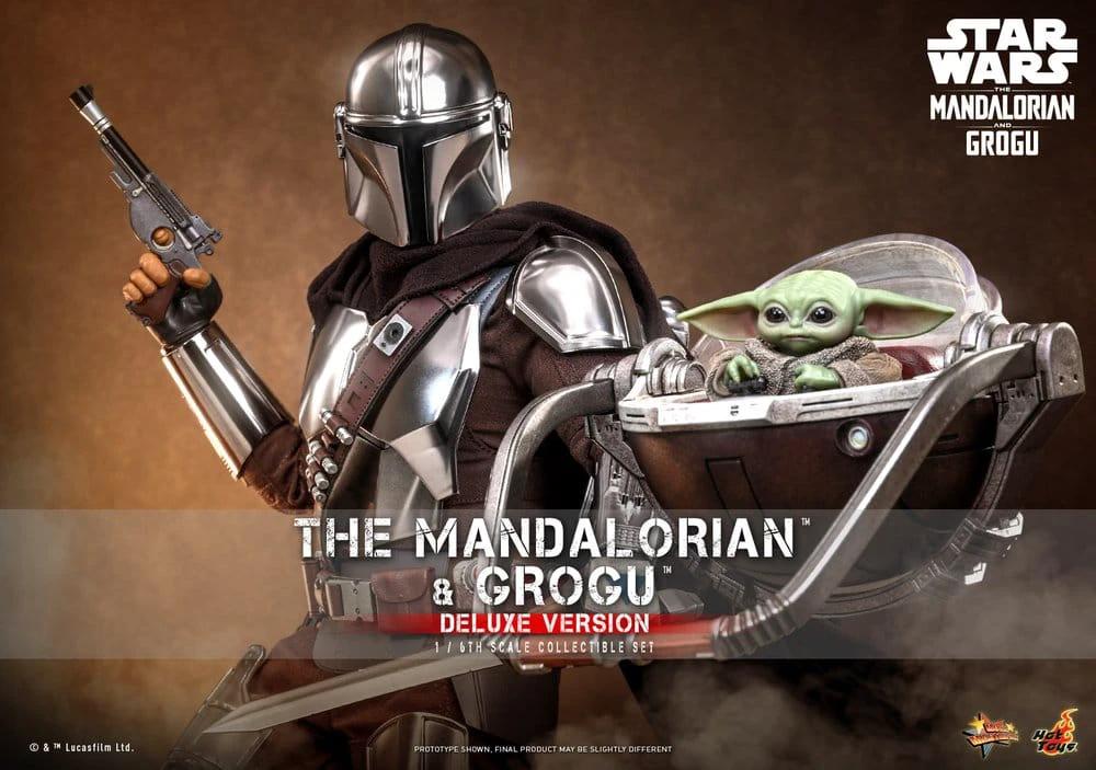 The Mandalorian and Grogu deluxe 1/6 scale action figure set with chrome armor and Grogu in the pram by HOT TOYS