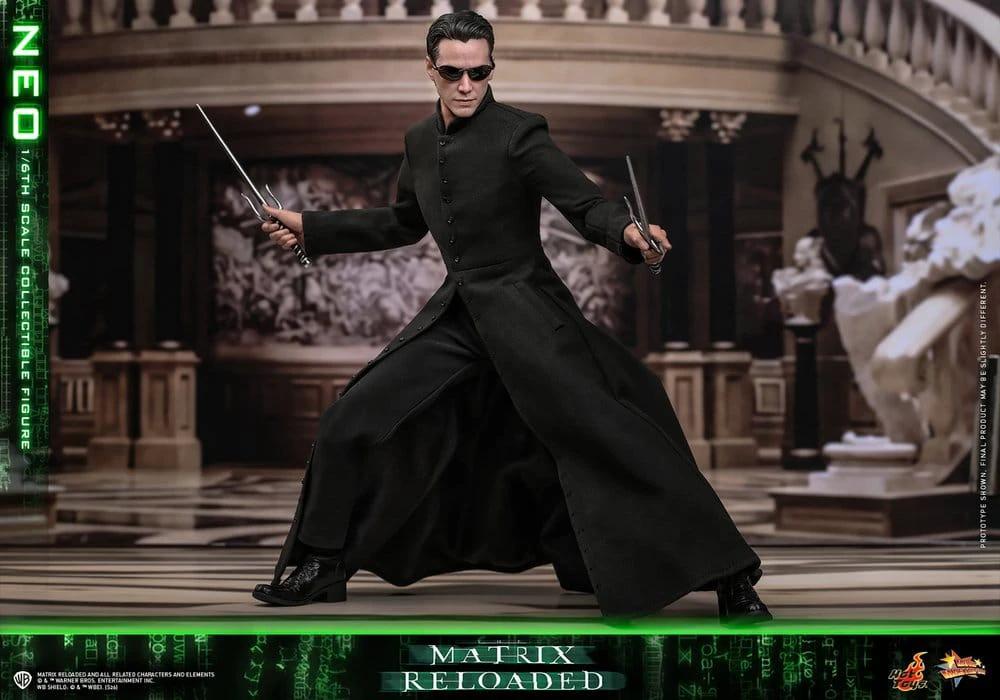 Matrix Neo 1/6 action figure by HOT TOYS in black trench coat with dual swords, 31 cm