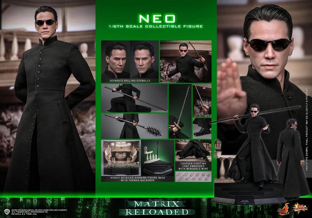 Matrix Neo 1/6 scale action figure by HOT TOYS, 31 cm, in black coat with sunglasses