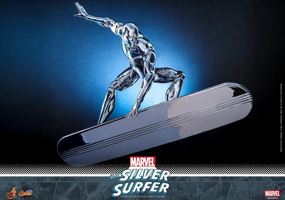 HOT TOYS Marvel 1/6 Silver Surfer action figure, chrome-silver finish, 32 cm
