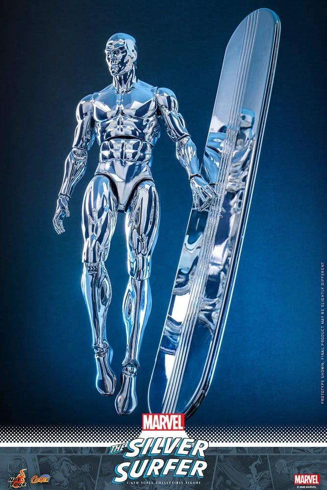 Hot Toys Marvel 1/6 Silver Surfer action figure, chrome-silver finish with surfboard, 32 cm tall.