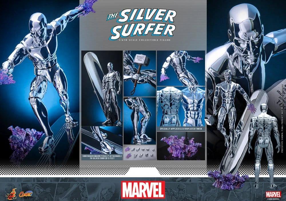 Hot Toys Marvel 1/6 Silver Surfer action figure, 32 cm, chrome metallic finish.