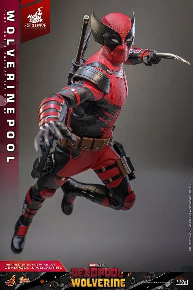 Deadpool & Wolverine 1/6 action figure by HOT TOYS, exclusive red/black suit, 31 cm tall.