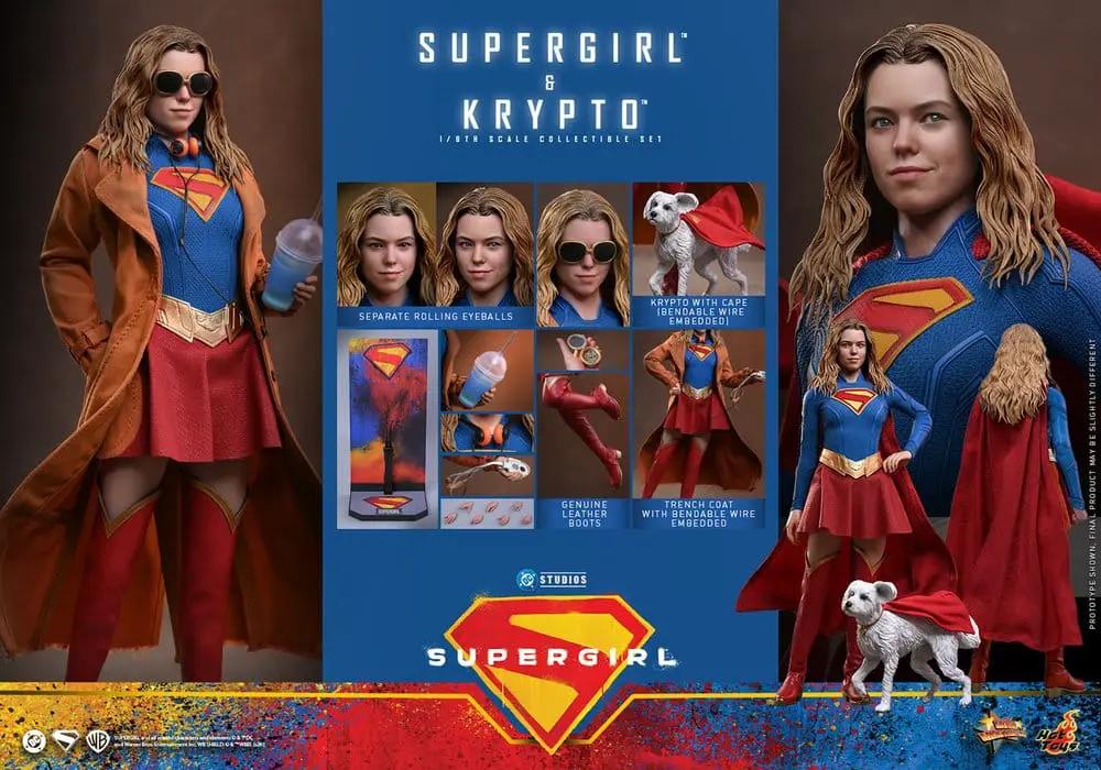 Set de 2 figuras Supergirl y Krypto, 28 cm, Kimera y Foley Shop; Supergirl en traje azul con capa roja junto a Krypto.