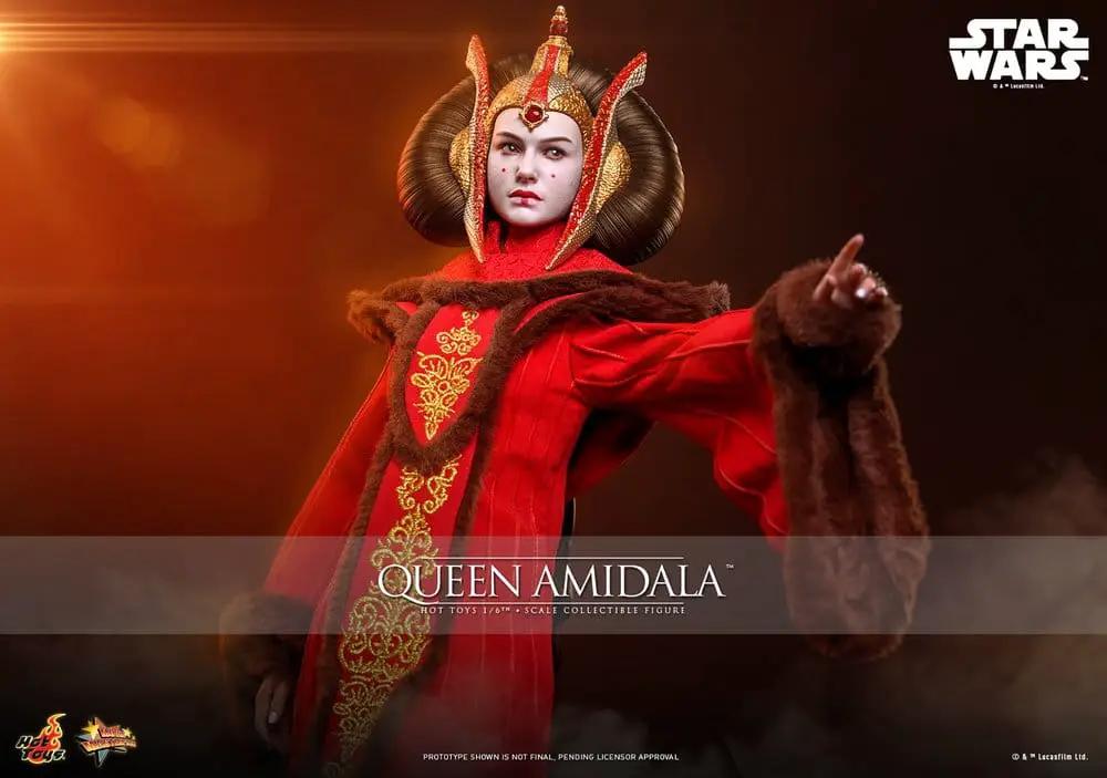 Queen Amidala 1/6-scale action figure by HOT TOYS, Star Wars, in red gown with gold embroidery and fur trim.