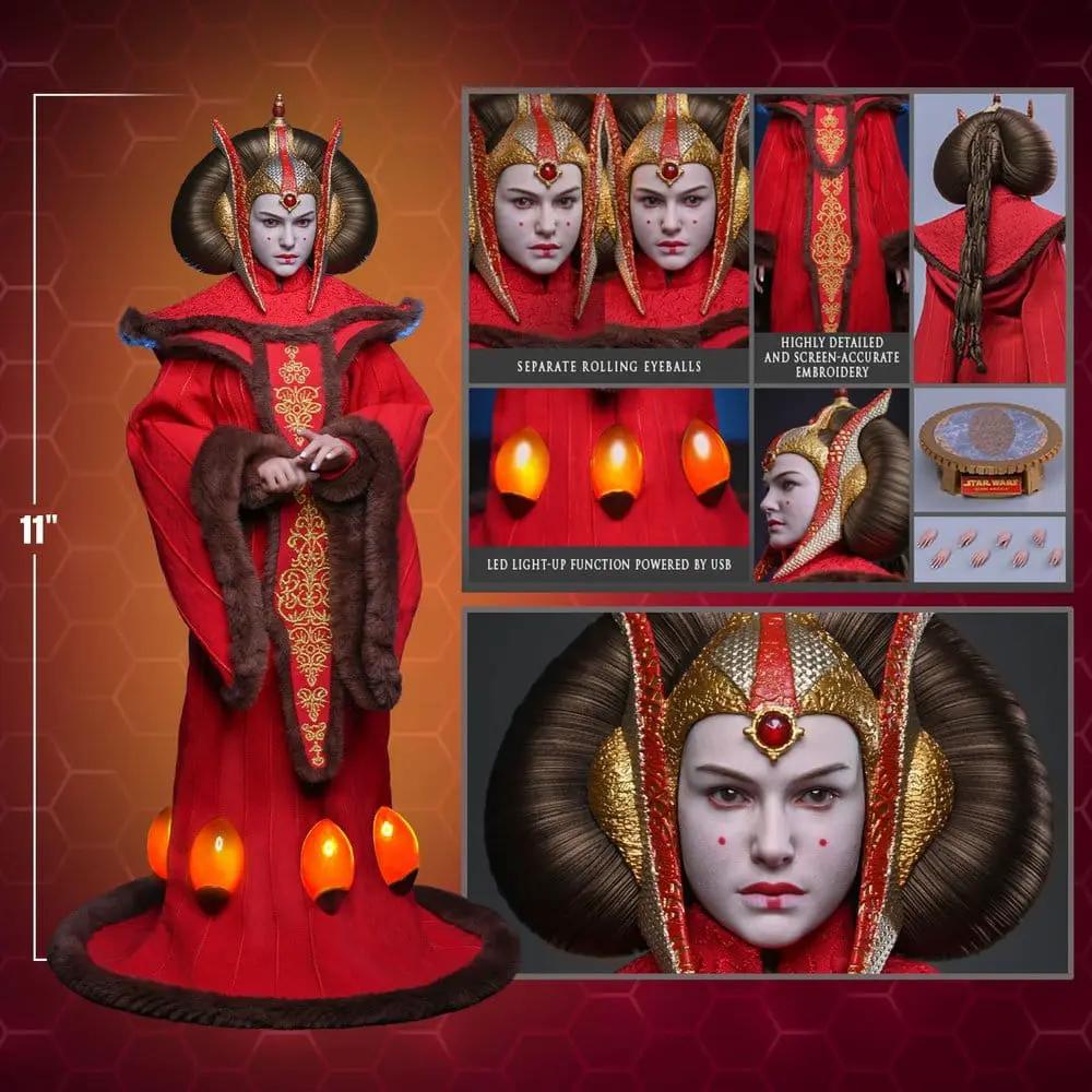 Queen Amidala 1/6 figure by HOT TOYS, Star Wars action figure in red gown with gold headpiece, 28 cm, LED light-up.