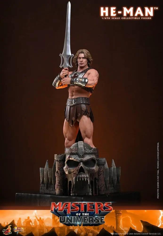 He-Man 1/6 scale action figure by HOT TOYS, 31 cm tall, standing on a skull throne with sword