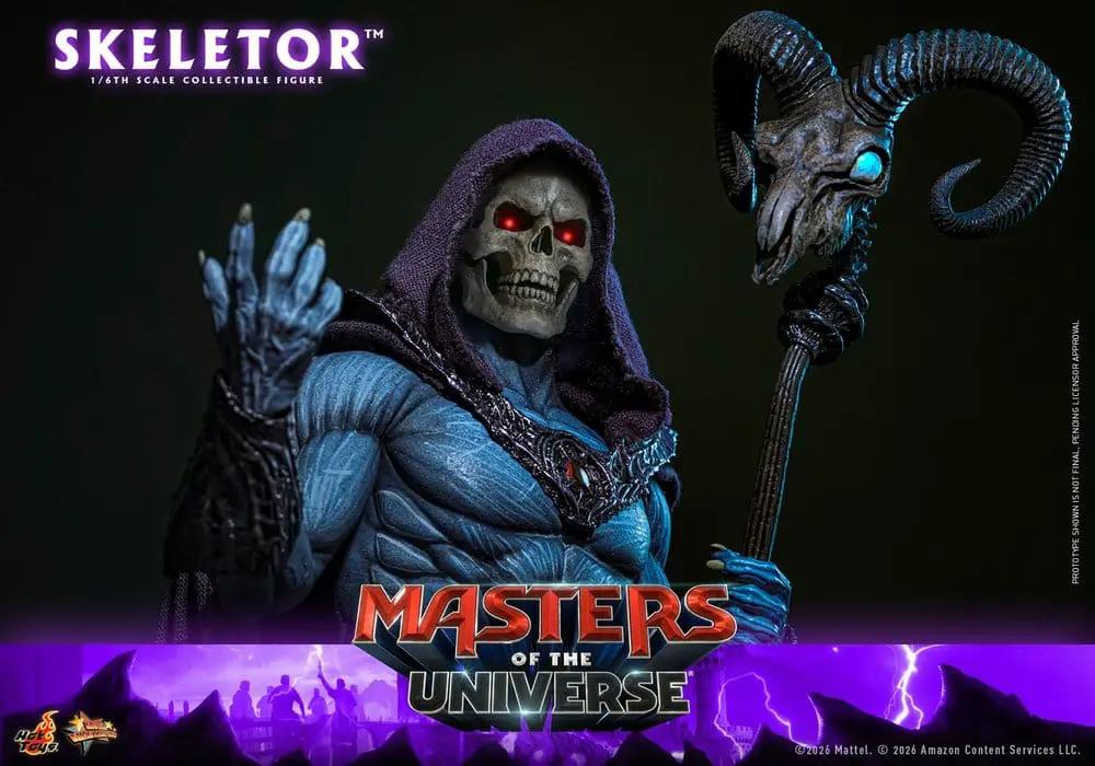 Skeletor 1/6-scale action figure by HOT TOYS, blue skeletal warrior with purple hood and ornate staff, 31 cm tall