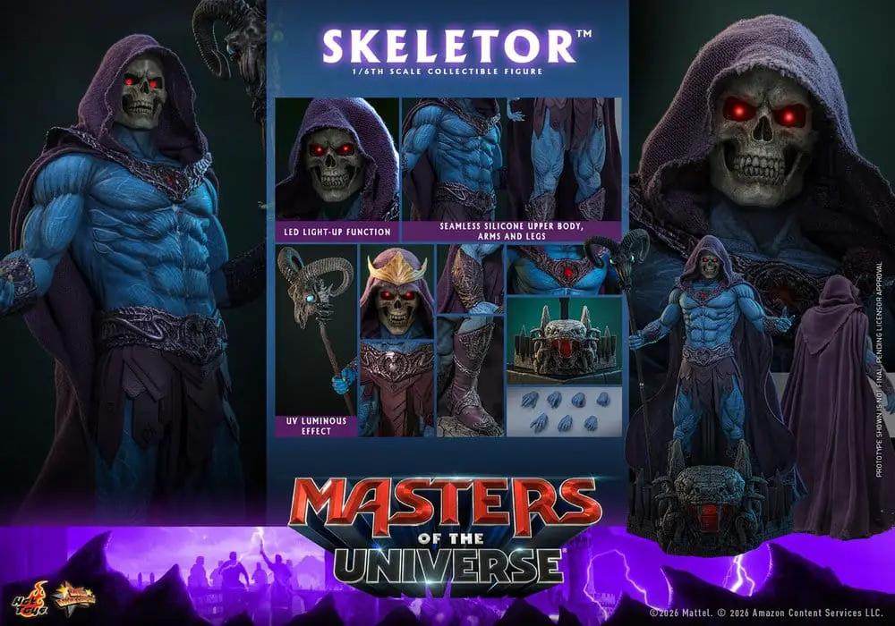 HOT TOYS Skeletor 1/6 scale action figure, Masters of the Universe, blue musculature with purple hood and cape, 31 cm