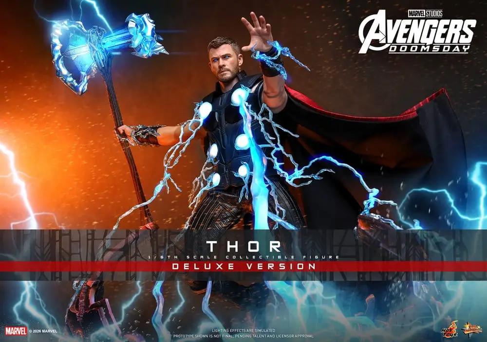 Figura de acción 1/6 Thor Deluxe de HOT TOYS, 32 cm, con capa roja y efectos eléctricos azules