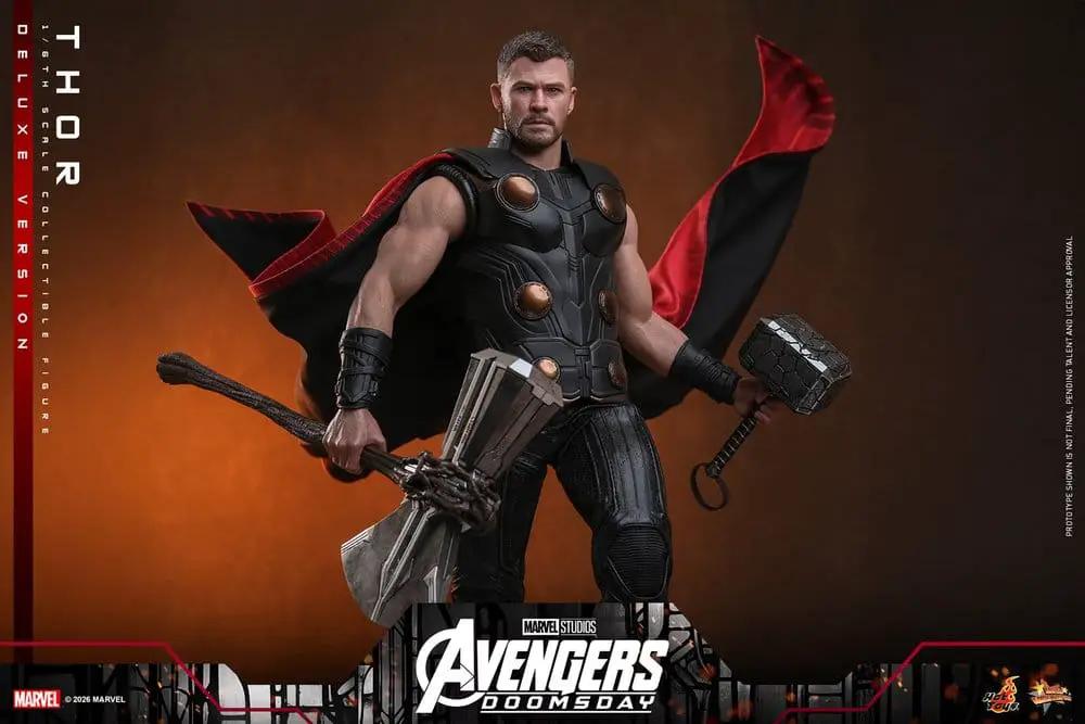 Figura de acción 1/6 Thor Deluxe HOT TOYS de los Vengadores, capa roja y armadura negra con bronce, figura de 32 cm