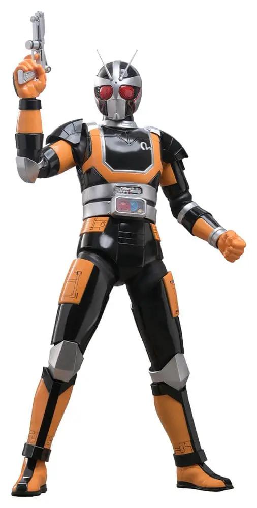 Kamen Rider Black RX RoboRider 1/6 action figure by HOT TOYS, orange and black suit with silver armor, holding a pistol.