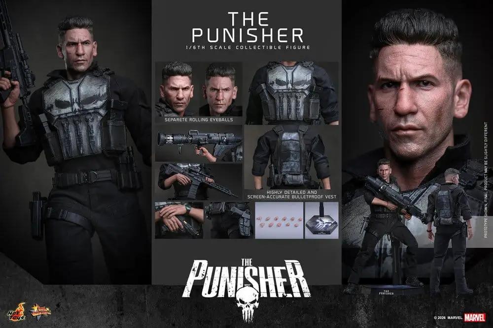 Figura de acción HOT TOYS 1/6 The Punisher, 31 cm, con chaleco táctico negro y armas, múltiples vistas.