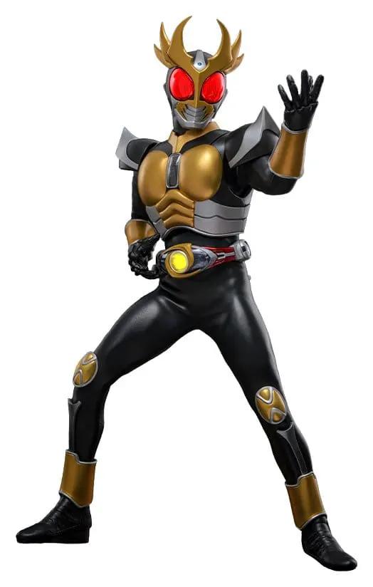 Figura HOT TOYS Kamen Rider Agito 1/6, 31 cm, acción en pose dinámica con traje negro y dorado y ojos rojos.