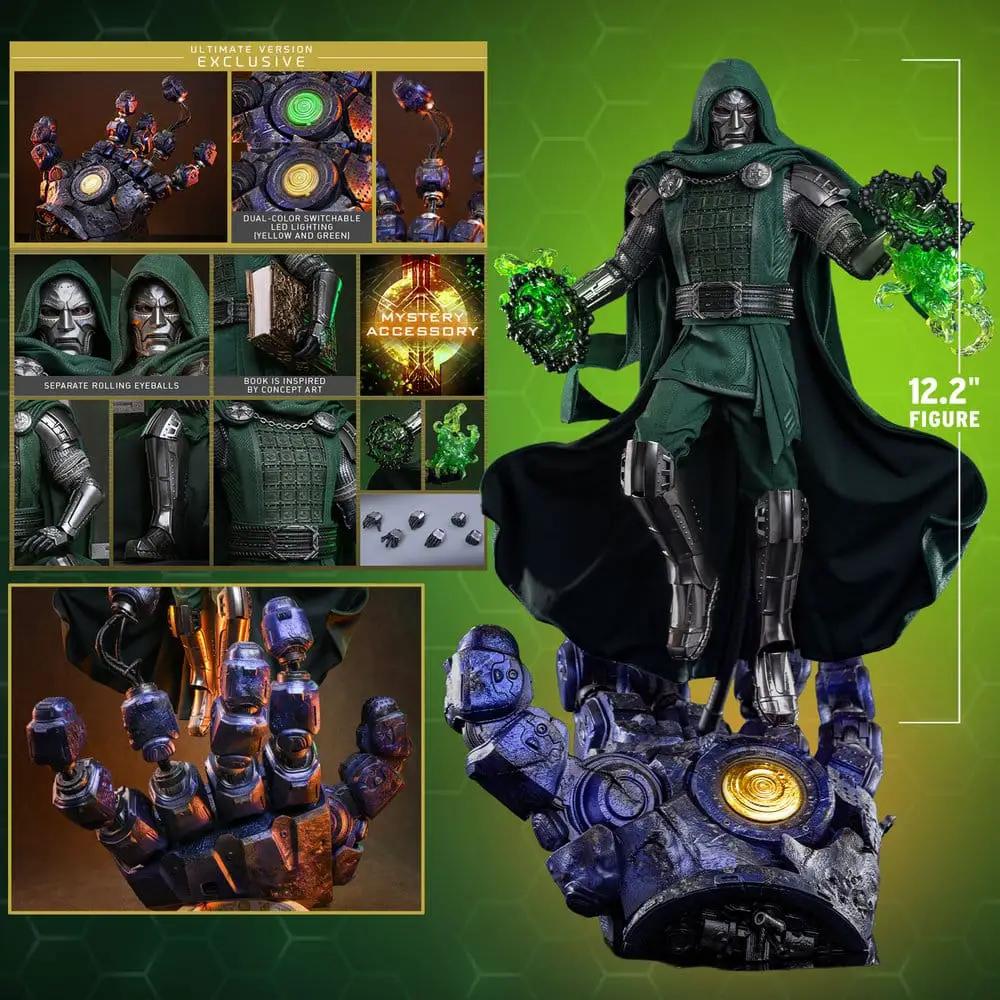 Doctor Doom 1/6 scale action figure by HOT TOYS, Ultimate Version, green cloak armor with glowing green energy, 31 cm tall.