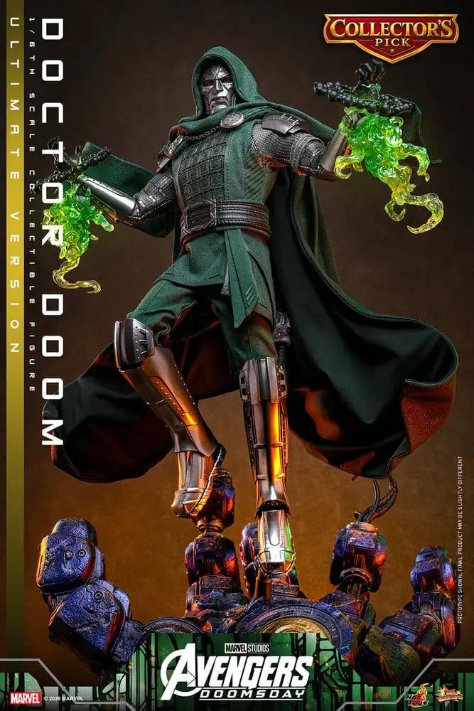 Doctor Doom 1/6 figure by HOT TOYS from Avengers: Doomsday, green cloak with metallic armor and glowing energy effects