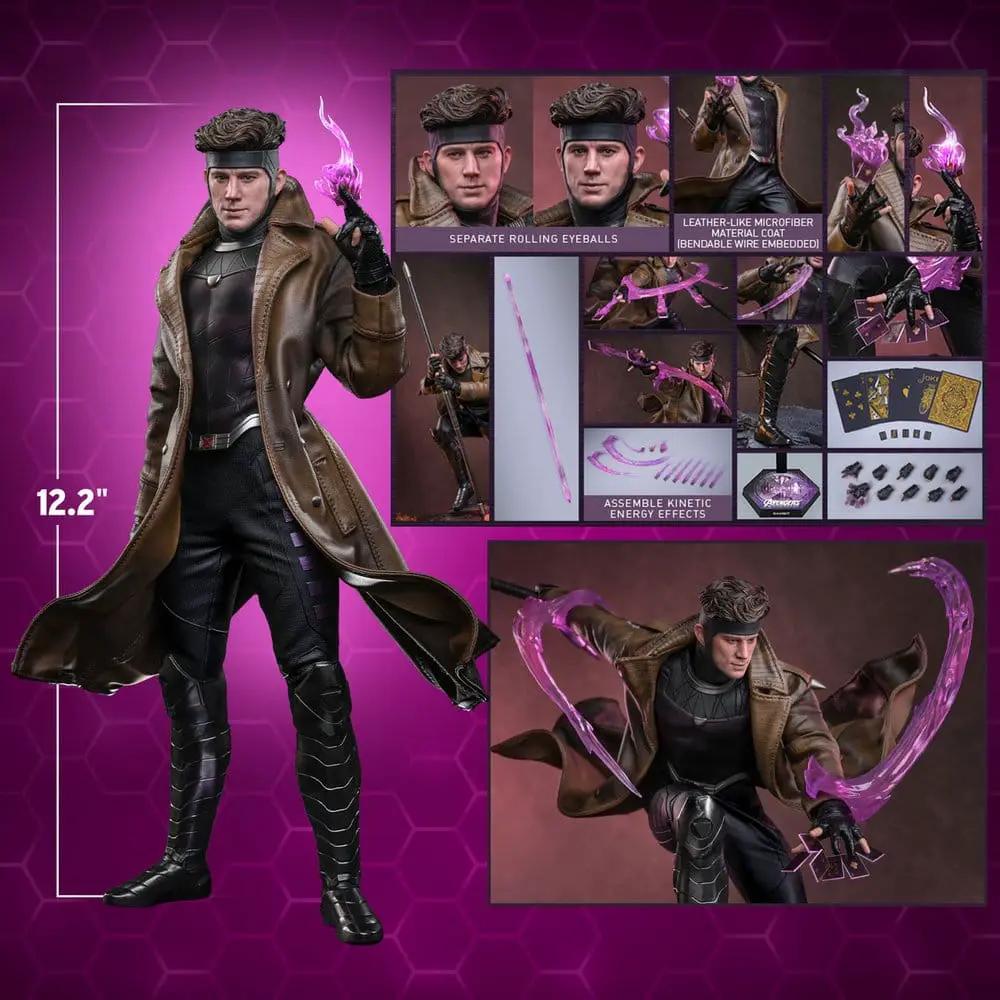 Gambit 1/6 figure by Hot Toys with brown trench coat and purple energy effects, 31 cm tall