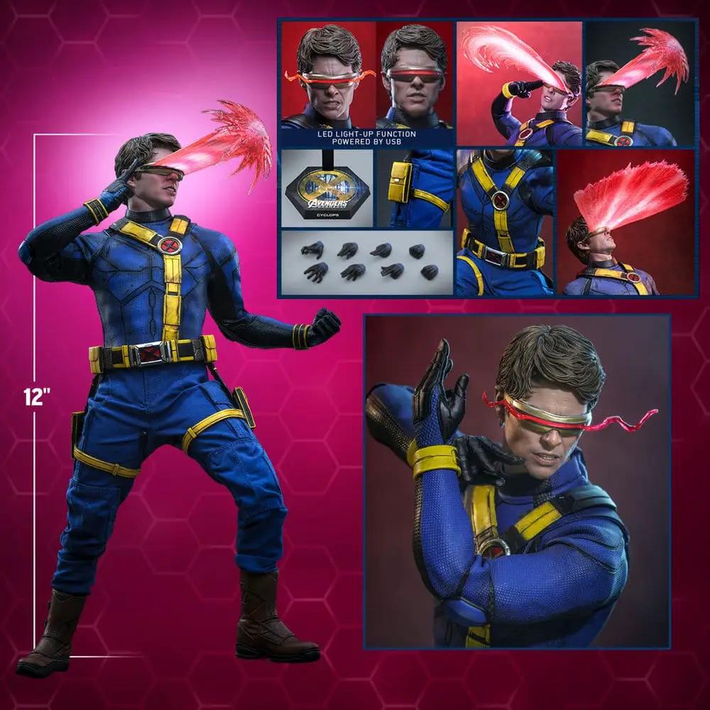 Figura HOT TOYS Cyclops 1/6, 30 cm, traje azul con arnés amarillo y visor LED rojo