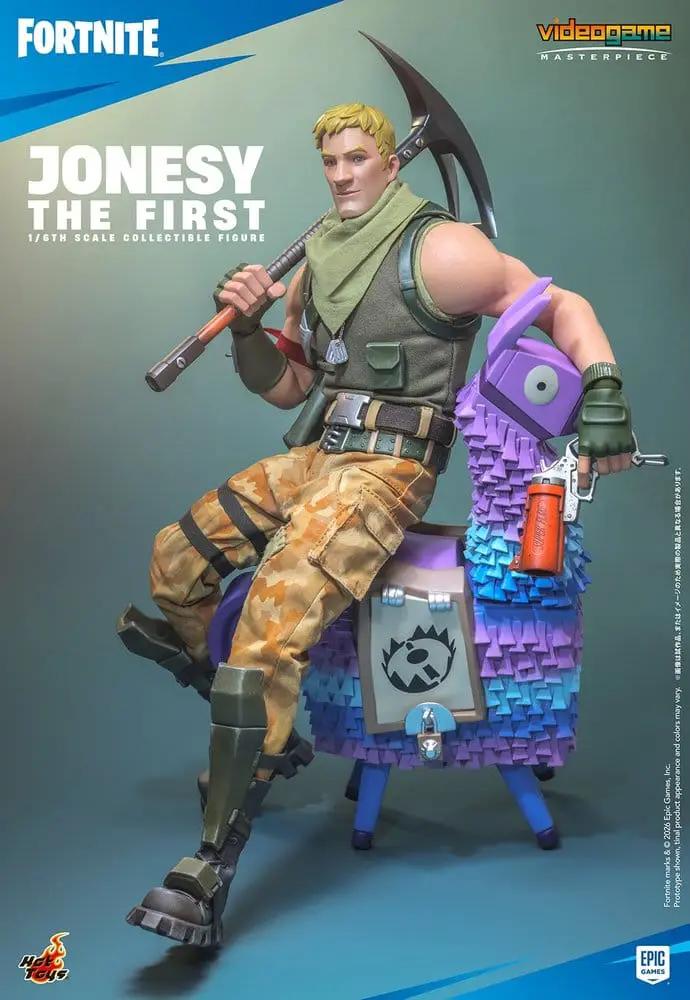 Figura de acción HOT TOYS 1/6 de Jonesy The First de Fortnite, 32 cm, sentado sobre una llama morada.