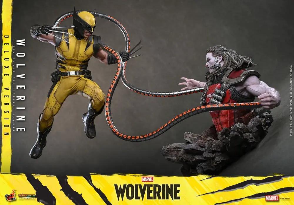 Wolverine 1/6-scale Deluxe Action Figure by Hot Toys in yellow suit battling a red-armored foe (2 figures shown).