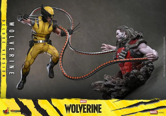 Wolverine 1/6-scale Deluxe Action Figure by Hot Toys in yellow suit battling a red-armored foe (2 figures shown).