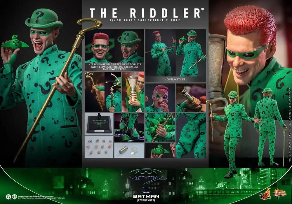 Figura de acción 1/6 Riddler de HOT TOYS, Batman Forever; verde con signos de interrogación y bastón dorado.