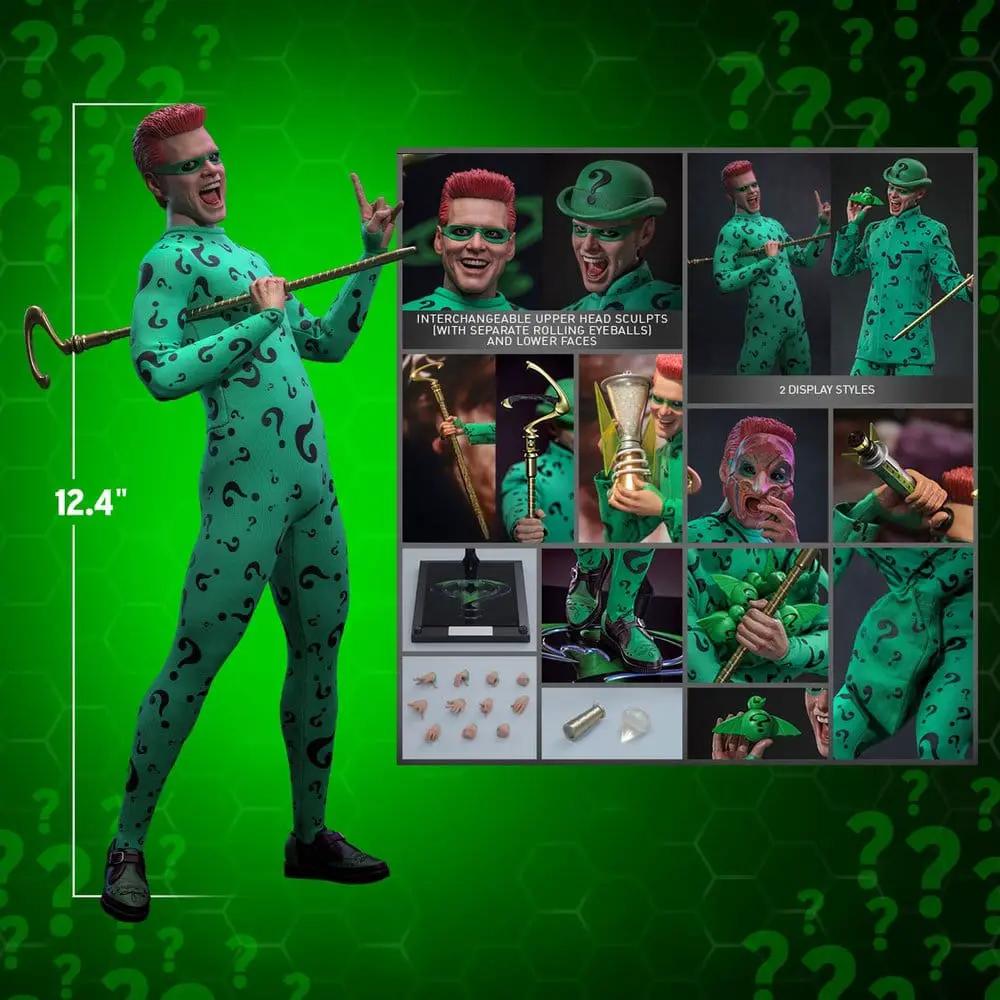 HOT TOYS Riddler 1/6 scale action figure from Batman Forever, 31 cm tall, teal suit with question marks and interchangeable heads.