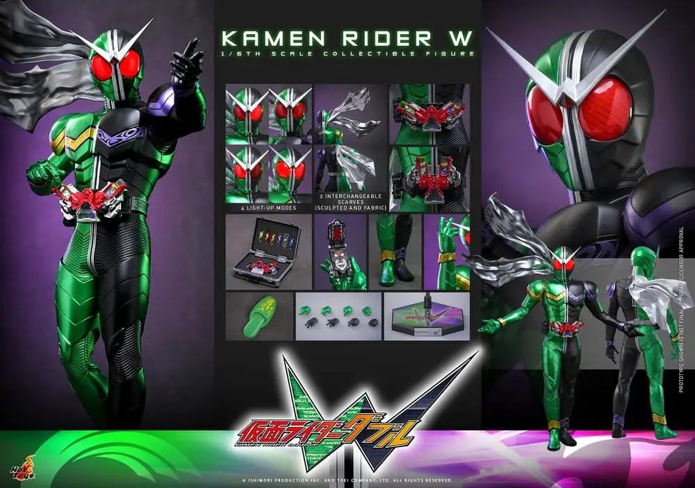 Kamen Rider W 1/6 figure by HOT TOYS; green and black suit with red eyes and accessories