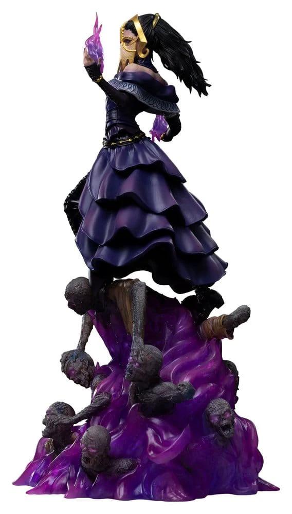 Liliana Vess statue, 1/10 deluxe art scale, purple tiered gown, gold headpiece, purple flame atop a smoky skeletal base.
