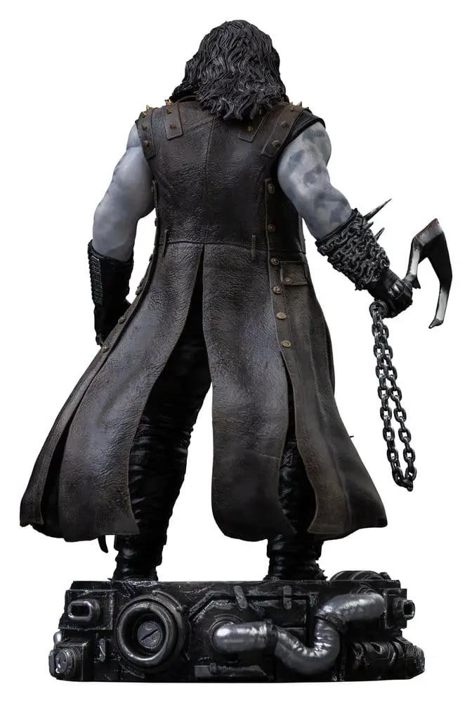 Lobo 1/10 scale statue by Iron Studios, 23 cm tall, back view with long coat, chain weapon on a mechanical base