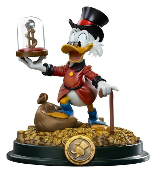 Uncle Scrooge McDuck statue by Iron Studios, Duck Tales 1/10 scale, holds money dome on coin pile.
