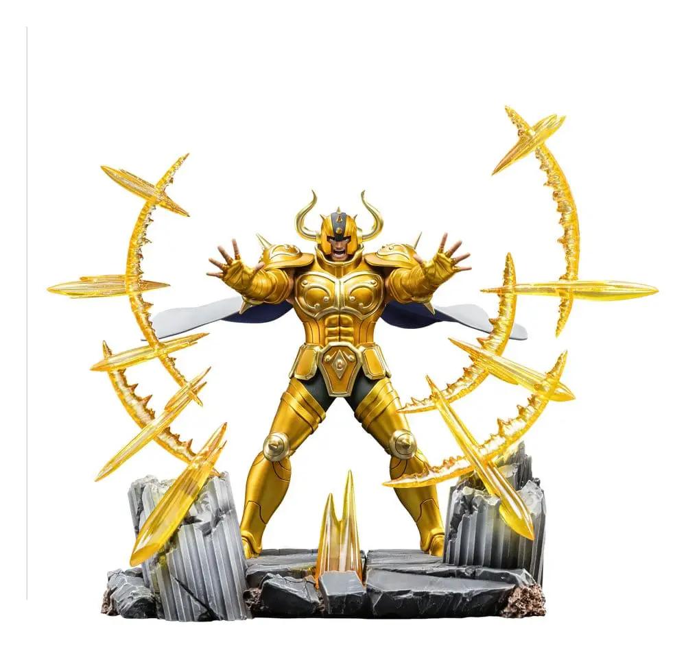 Iron Studios Saint Seiya Taurus Aldebaran 1/10 Art Scale statue in gold armor with energy rings on a rocky base
