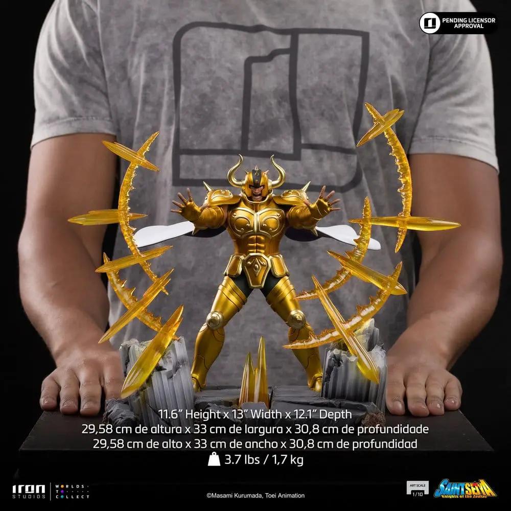 Saint Seiya Taurus Aldebaran 1/10 Art Scale action figure, Iron Studios, gold armor with energy rings, 30 cm tall