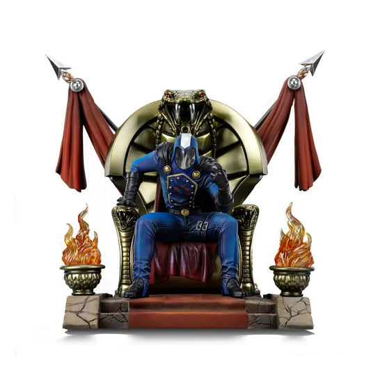 Cobra Commander statue, Iron Studios 1/10 Art Scale; blue armored figure on throne with flaming torches