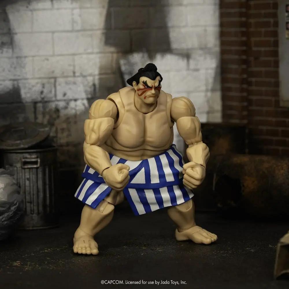 Figura de acción E. Honda, 16 cm, de JADA TOYS, Ultra Street Fighter II; mawashi azul/blanco.
