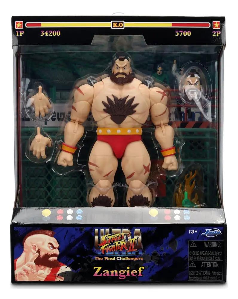 Jada Toys Ultra Street Fighter II Zangief action figure, 18 cm, red trunks with yellow belt, includes extra hands.