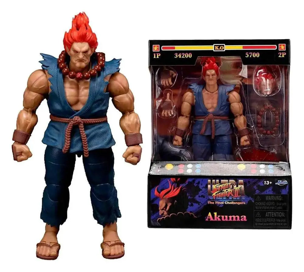 Street Fighter 2 Akuma 1/12 action figure by Jada Toys, blue gi with red mohawk and bead necklace