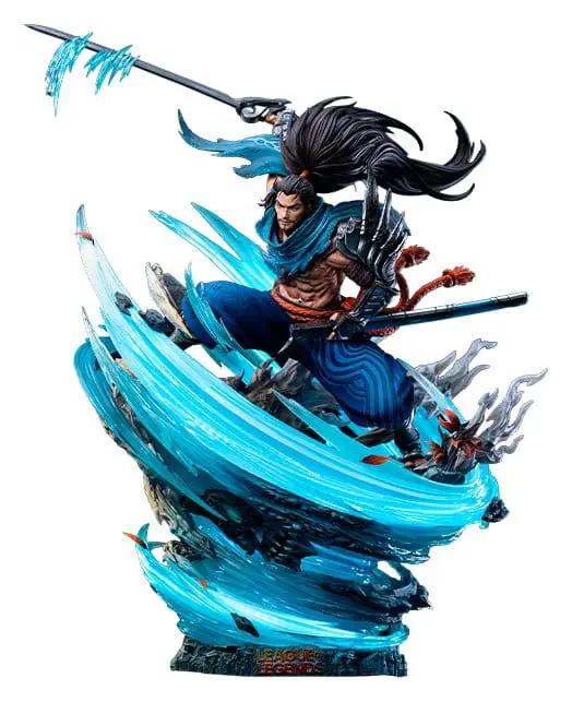 Statue action figure: Yasuo from League of Legends, 52 cm tall, by JIMEI PALACE, with blue wind swirl effects.